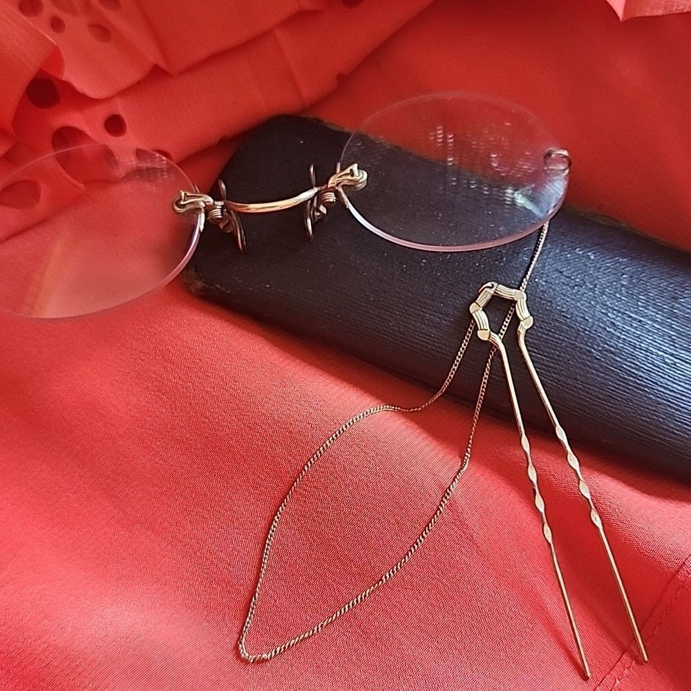 Antique Victorian Ladies Pince~nez Spectacles With Gold Tone Hair Pin & Chain